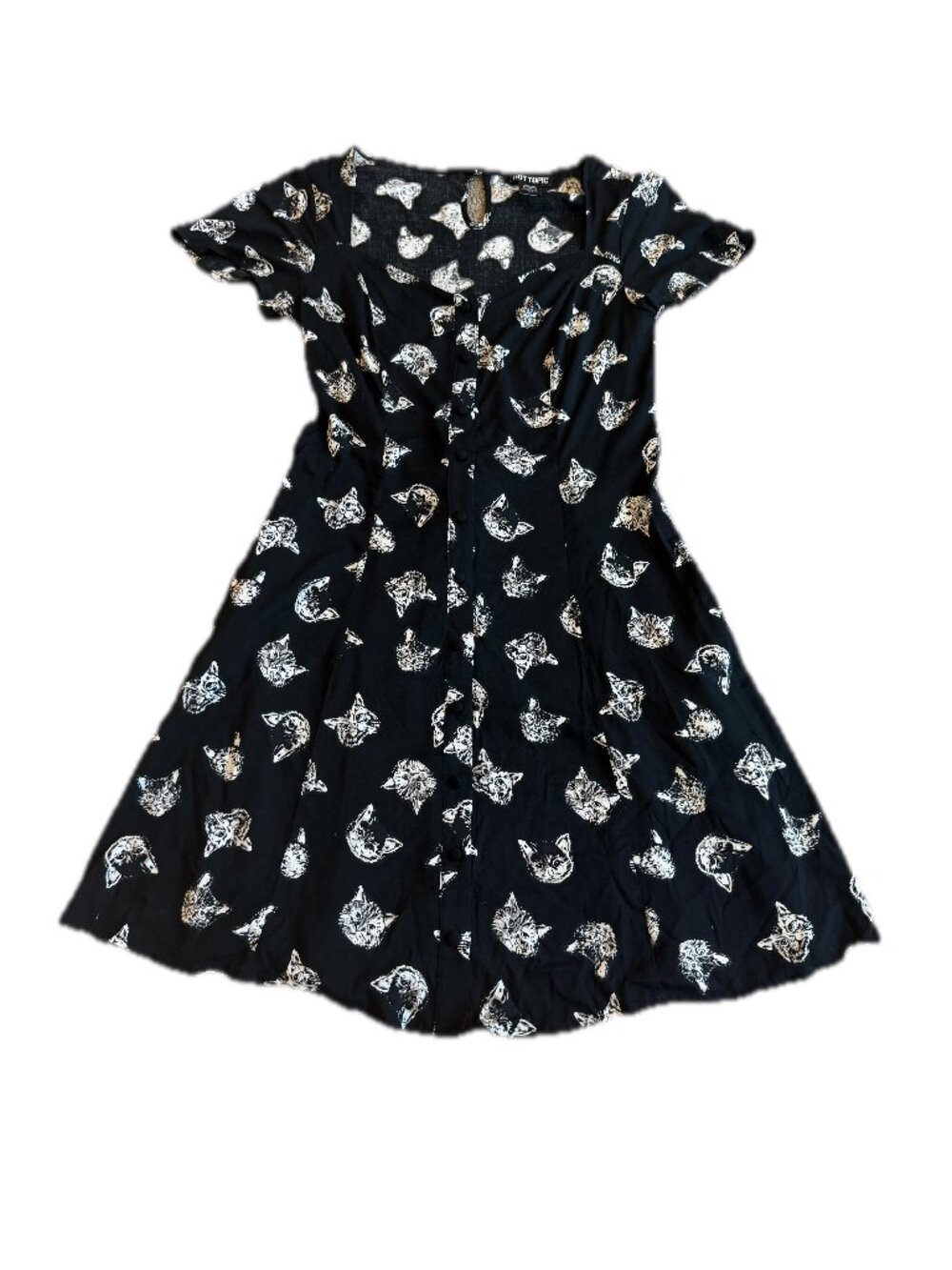 Hot Topic Cat Face Print Button Front Fit Flare Dress Kitty Waist Medium Women's